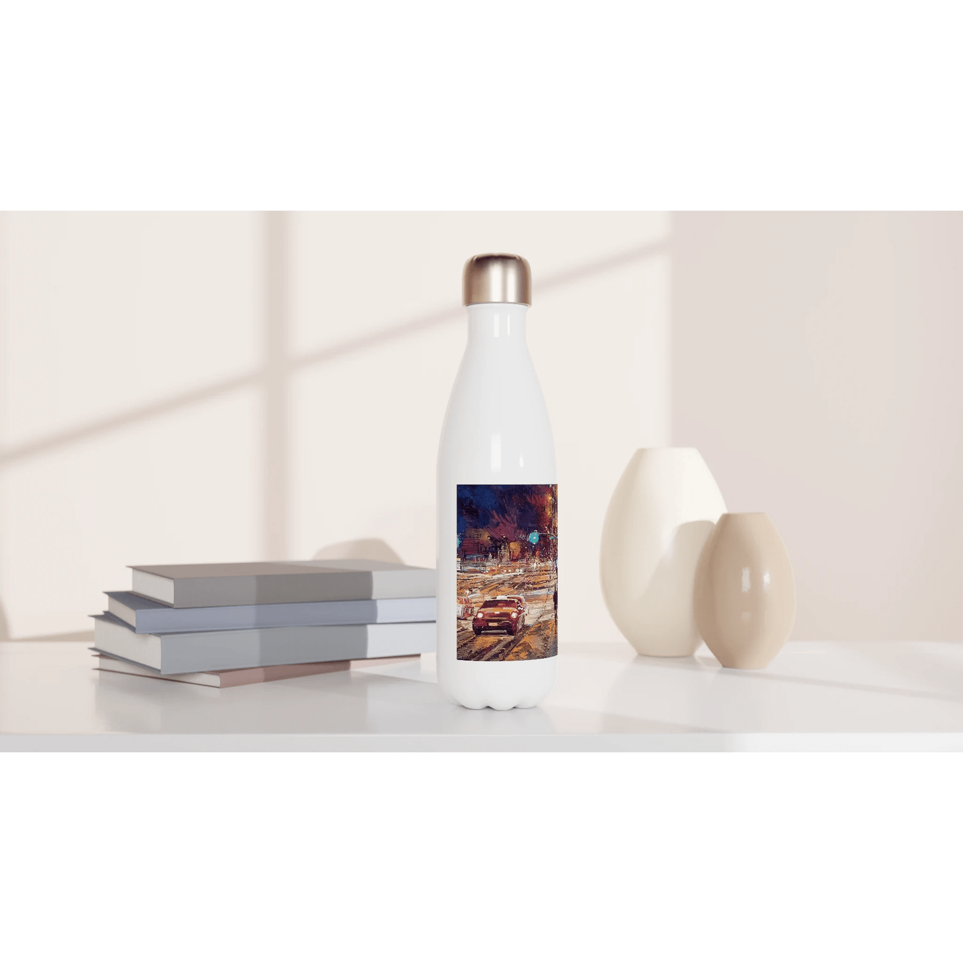 Saturday night - White 17oz Stainless Steel Water Bottle - eduardgurevich
